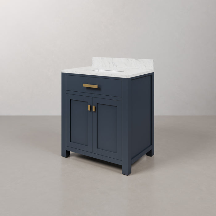 30 Inch Carrara Marble Single Sink Vanity Monterey Monarch Blue with Satin Gold Hardware