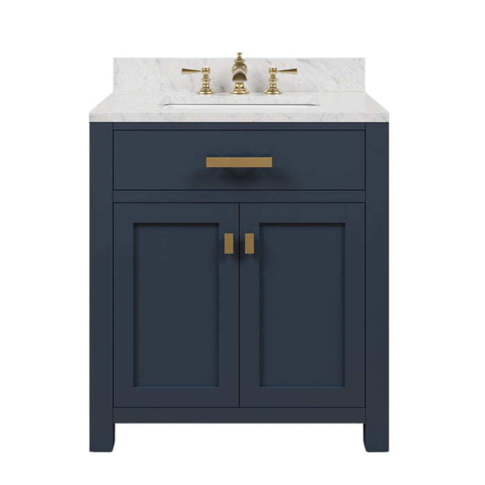 30 Inch River Bathroom Vanity in Monarch Blue Finish - Carrara Marble Countertop with Waterfall Faucet Included