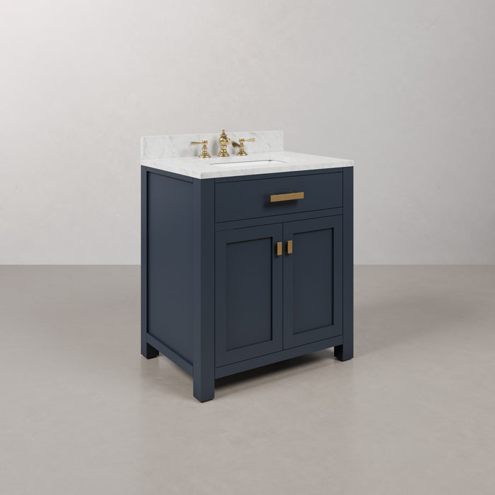 30 Inch River Bathroom Vanity in Monarch Blue Finish - Carrara Marble Countertop with Waterfall Faucet Included
