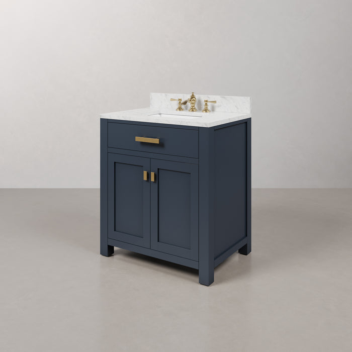 30 Inch River Bathroom Vanity in Monarch Blue Finish - Carrara Marble Countertop with Waterfall Faucet Included