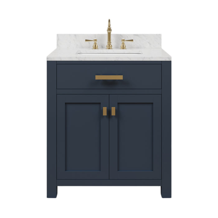 30-Inch Single Sink Shasta Vanity in Monarch Blue with Carrara White Marble Top and Satin Gold Hardware