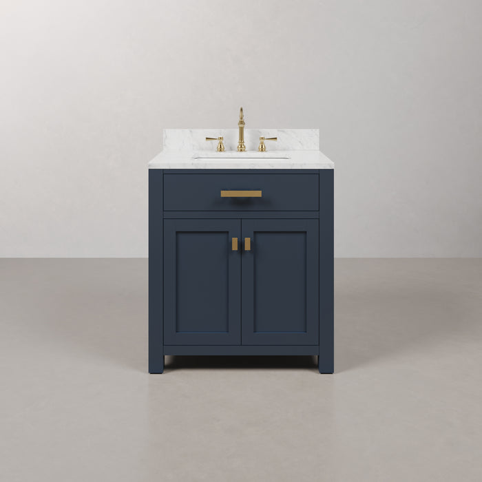 30-Inch Single Sink Shasta Vanity in Monarch Blue with Carrara White Marble Top and Satin Gold Hardware