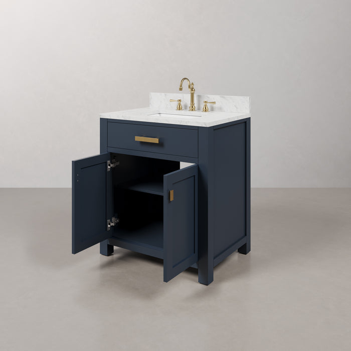 30 Inch Clay Monarch Blue Bathroom Vanity Carrara Marble Countertop Single Sink with Faucets & Mirror