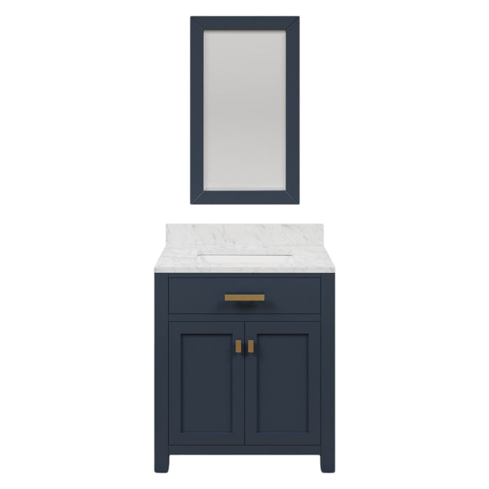30 Inch Breeze Carrara Marble Vanity Monarch Blue Undermount Sink Satin Gold Hardware & Rectangular Mirror