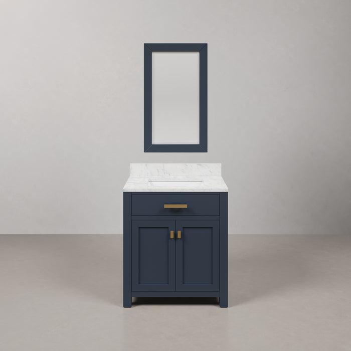 30 Inch Breeze Carrara Marble Vanity Monarch Blue Undermount Sink Satin Gold Hardware & Rectangular Mirror