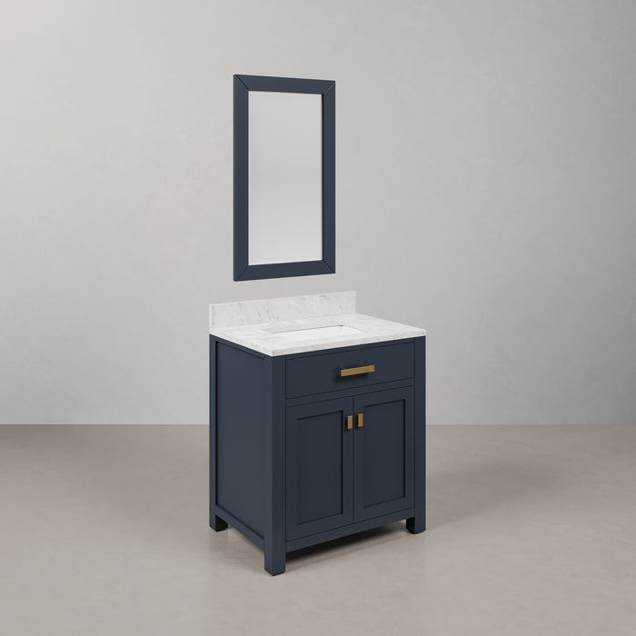 30 Inch Breeze Carrara Marble Vanity Monarch Blue Undermount Sink Satin Gold Hardware & Rectangular Mirror