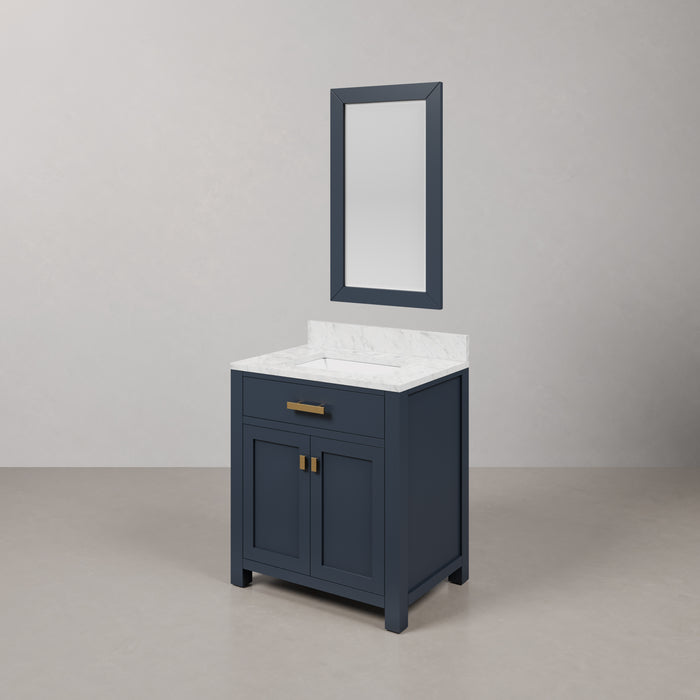 30 Inch Breeze Carrara Marble Vanity Monarch Blue Undermount Sink Satin Gold Hardware & Rectangular Mirror