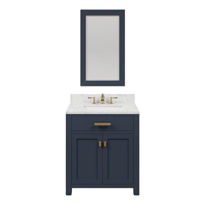 30 Inch Marble Whitse Bathroom Vanity Monarch Blue Single Sink with Satin Gold Hardware and Mirror