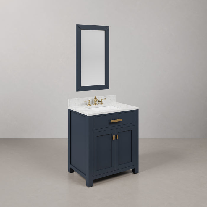 30 Inch Marble Whitse Bathroom Vanity Monarch Blue Single Sink with Satin Gold Hardware and Mirror