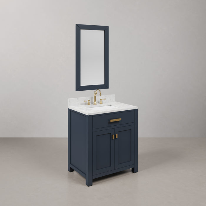 30 Inch Clay Monarch Blue Bathroom Vanity Carrara Marble Countertop Single Sink with Faucets & Mirror