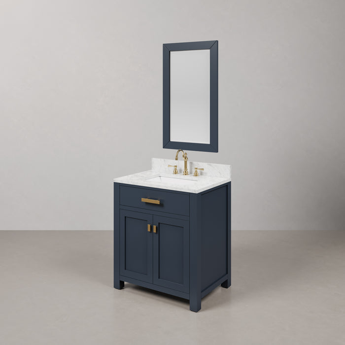 30 Inch Clay Monarch Blue Bathroom Vanity Carrara Marble Countertop Single Sink with Faucets & Mirror