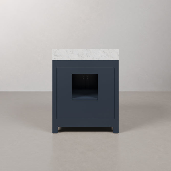 30 Inch Marble Whitse Bathroom Vanity Monarch Blue Single Sink with Satin Gold Hardware and Mirror