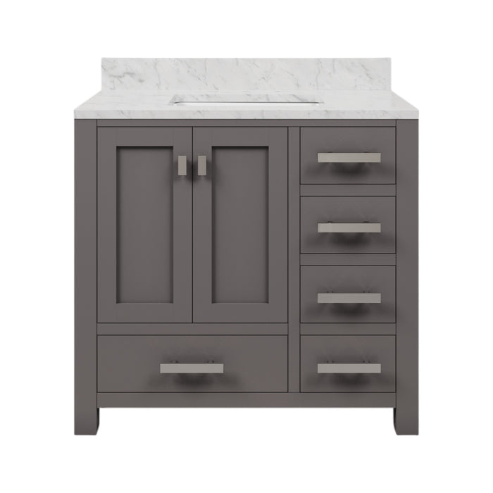 36 Inch Cashmere Grey Beau Bathroom Vanity Carrara White Marble Top Single Undermount Sink Chrome Hardware