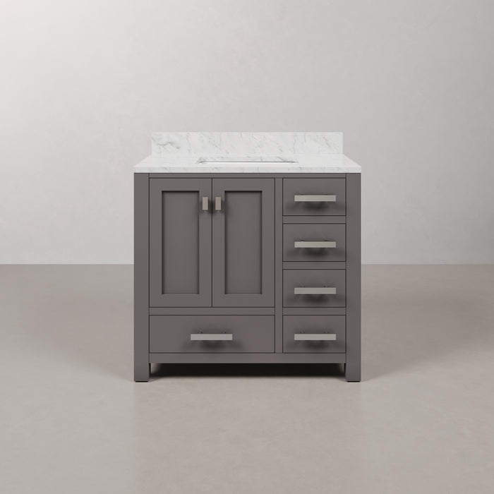 36 Inch Cashmere Grey Beau Bathroom Vanity Carrara White Marble Top Single Undermount Sink Chrome Hardware