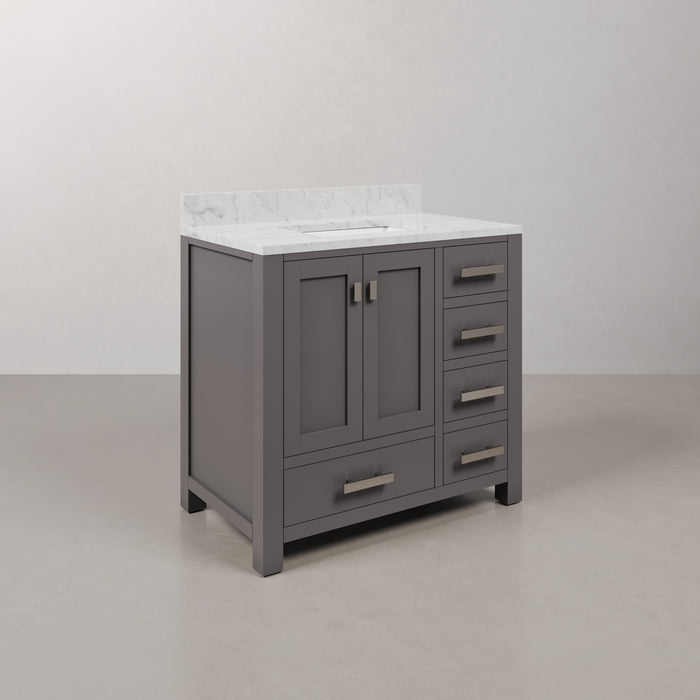 36 Inch Cashmere Grey Beau Bathroom Vanity Carrara White Marble Top Single Undermount Sink Chrome Hardware