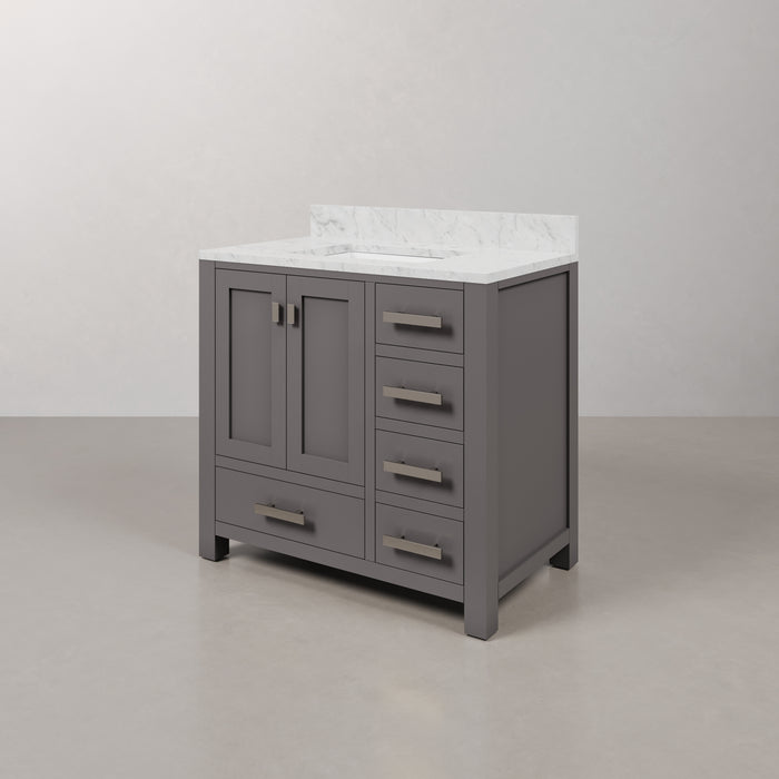 36 Inch Cashmere Grey Beau Bathroom Vanity Carrara White Marble Top Single Undermount Sink Chrome Hardware