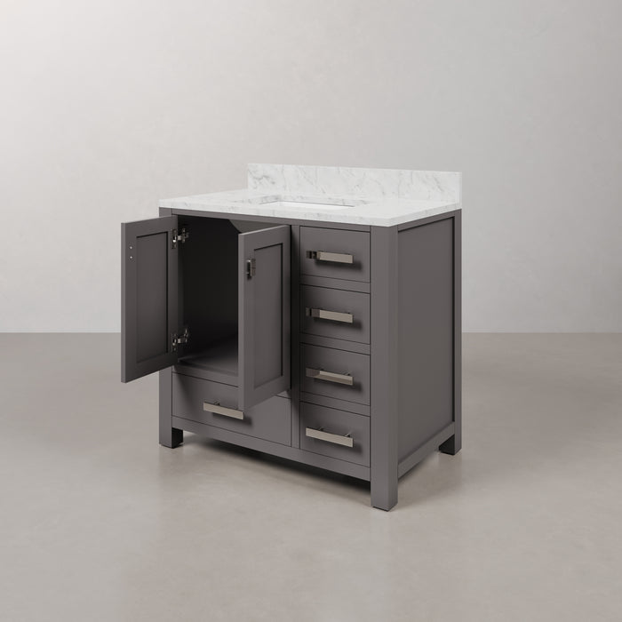 36 Inch Rose Carrara White Marble Single Sink Bathroom Vanity Cashmere Grey with Chrome Hardware and Mirror