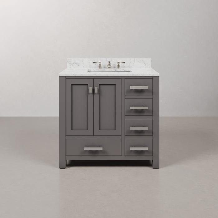 36 Inch Single Sink Carrara Marble Vanity Bright Cashmere Grey Transitional Chrome Faucet Included