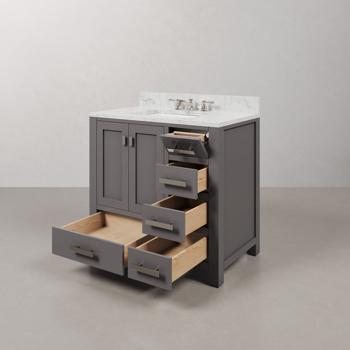 36 Inch Single Sink Carrara Marble Vanity Bright Cashmere Grey Transitional Chrome Faucet Included
