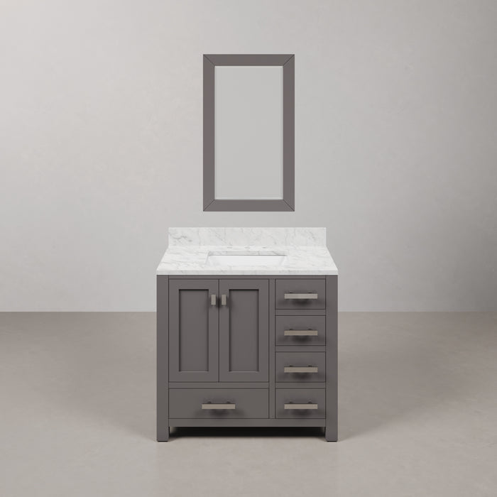 36 Inch Rose Carrara White Marble Single Sink Bathroom Vanity Cashmere Grey with Chrome Hardware and Mirror