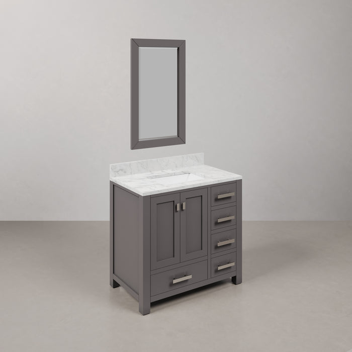 36 Inch Rose Carrara White Marble Single Sink Bathroom Vanity Cashmere Grey with Chrome Hardware and Mirror