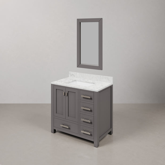 36 Inch Rose Carrara White Marble Single Sink Bathroom Vanity Cashmere Grey with Chrome Hardware and Mirror