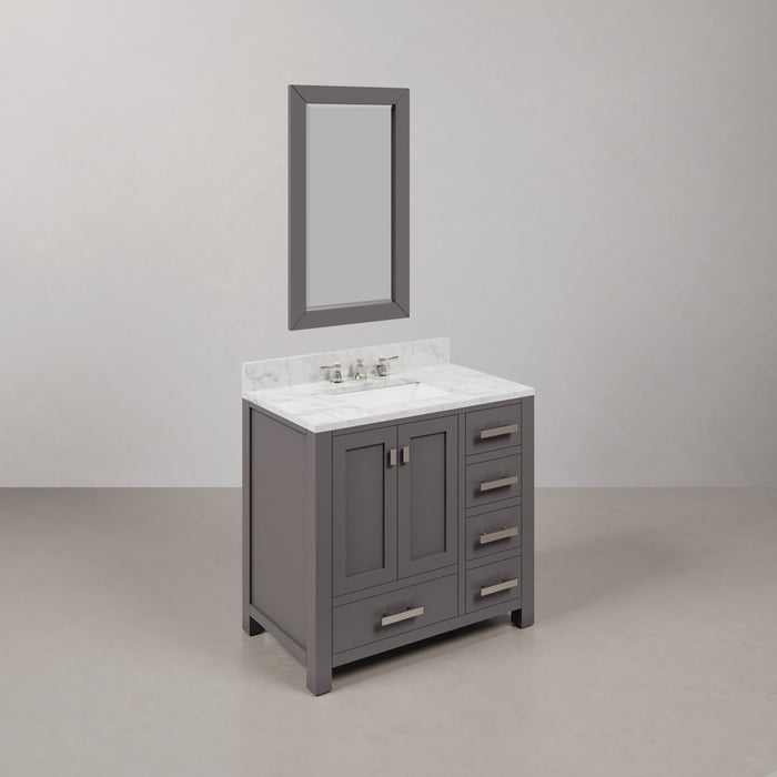 36 Inch Mocha Bathroom Vanity Carrara Marble Top Single Sink Cashmere Grey with Chrome Faucet & Mirror