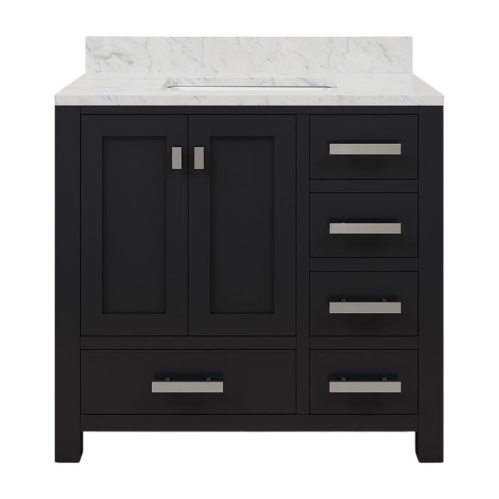 36 Inch Calm Carrara White Marble Bathroom Vanity Espresso Single Sink with Chrome Hardware