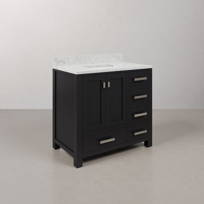 36 Inch Calm Carrara White Marble Bathroom Vanity Espresso Single Sink with Chrome Hardware