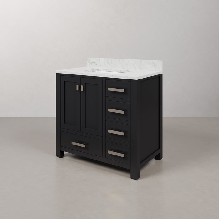 36 Inch Calm Carrara White Marble Bathroom Vanity Espresso Single Sink with Chrome Hardware