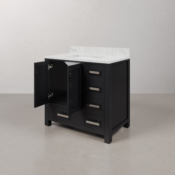 36-Inch Wren Espresso Vanity Single Sink Carrara White Marble Top Rectangular Mirror