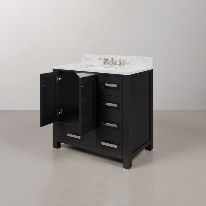 36-Inch Espresso Single Sink Ridge Bathroom Vanity with Carrara White Marble, Chrome Hardware & Rectangular Mirror