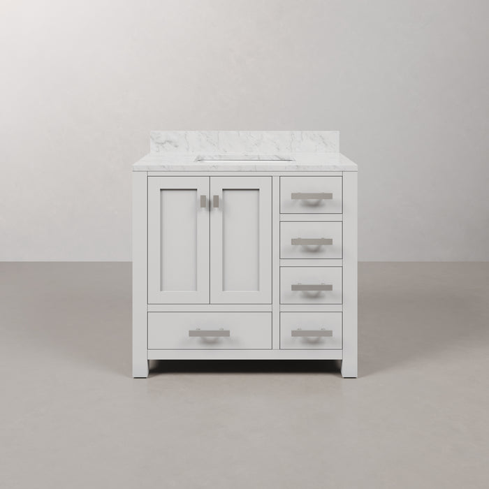 36-Inch Pure White Haven Bathroom Vanity with Carrara Marble Top - Single Sink Chrome Hardware
