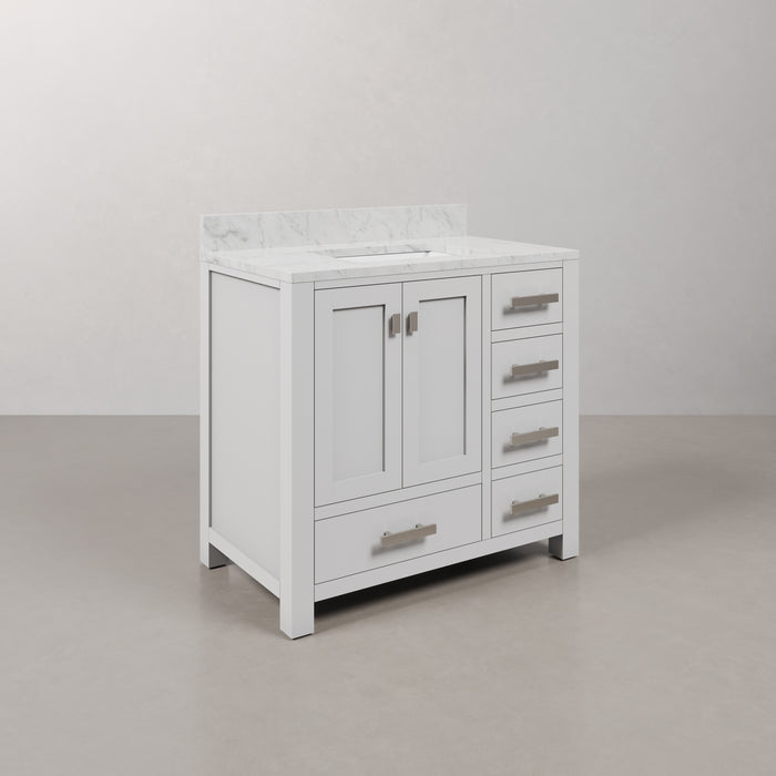 36-Inch Pure White Haven Bathroom Vanity with Carrara Marble Top - Single Sink Chrome Hardware