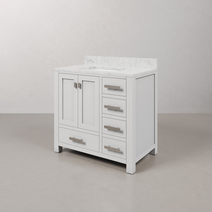 36-Inch Pure White Haven Bathroom Vanity with Carrara Marble Top - Single Sink Chrome Hardware