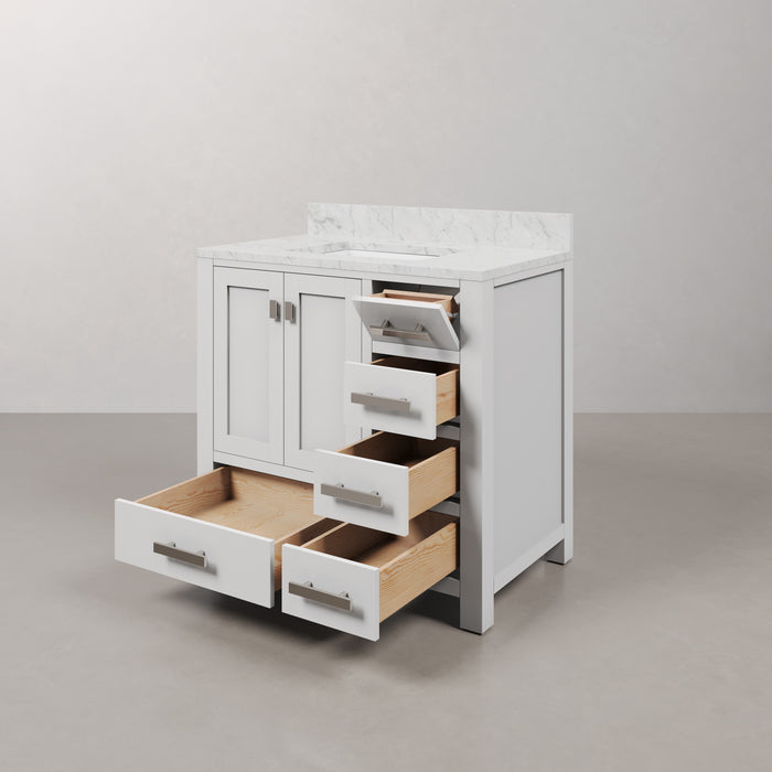 36-Inch Pure White Haven Bathroom Vanity with Carrara Marble Top - Single Sink Chrome Hardware