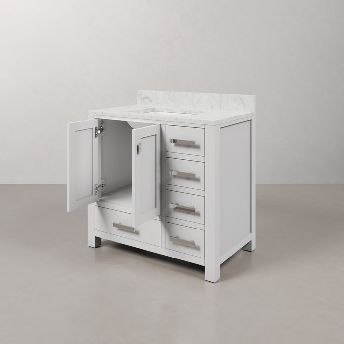 36-Inch Pure White Haven Bathroom Vanity with Carrara Marble Top - Single Sink Chrome Hardware