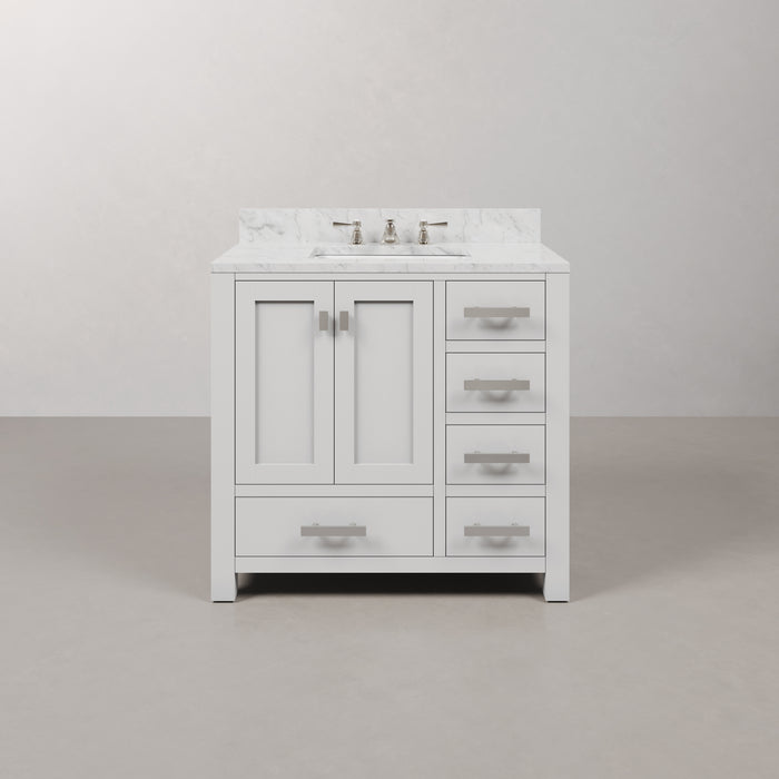 36" Alder White Bathroom Vanity - Carrara Marble Top Single Undermount Sink Chrome Faucet