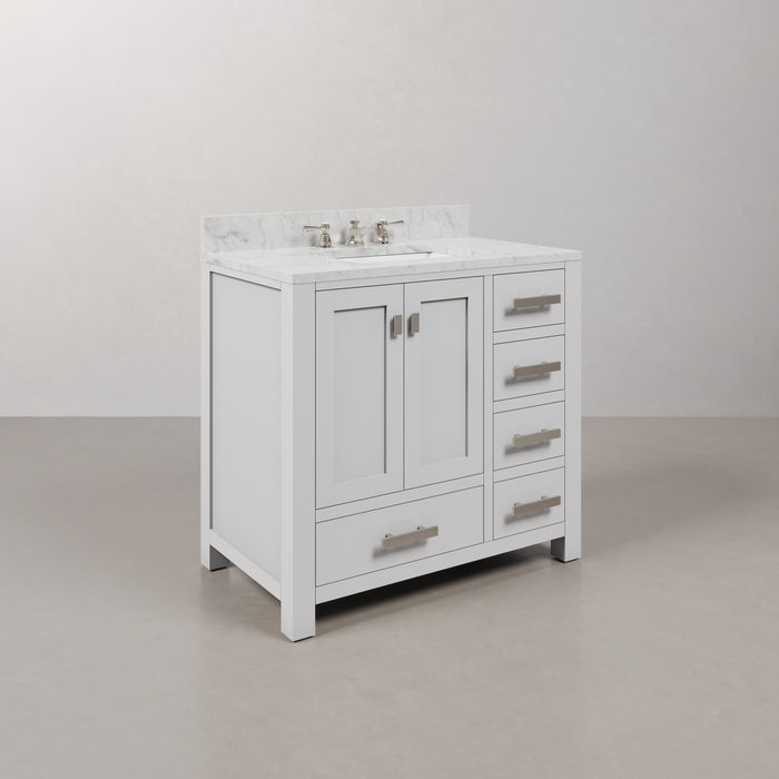 36" Alder White Bathroom Vanity - Carrara Marble Top Single Undermount Sink Chrome Faucet