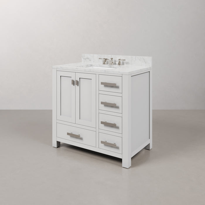 36" Alder White Bathroom Vanity - Carrara Marble Top Single Undermount Sink Chrome Faucet