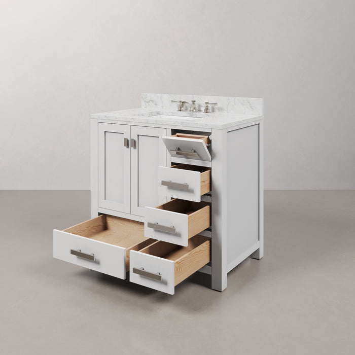 36 Inch Carrara White Marble Vivi Bathroom Vanity in Pure White Single Sink with Chrome Hardware Faucet & Mirror