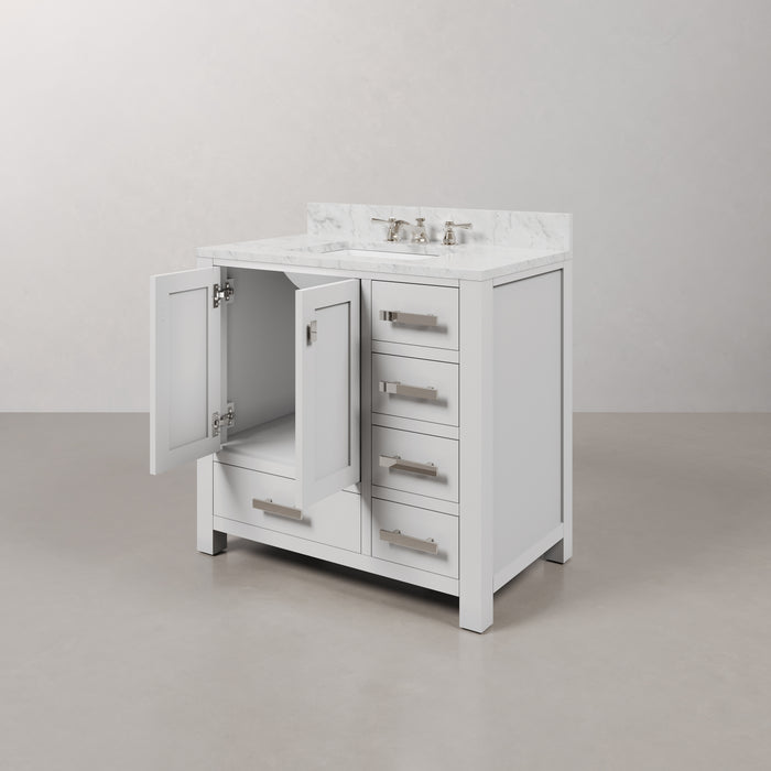 36 Inch Carrara White Marble Vivi Bathroom Vanity in Pure White Single Sink with Chrome Hardware Faucet & Mirror
