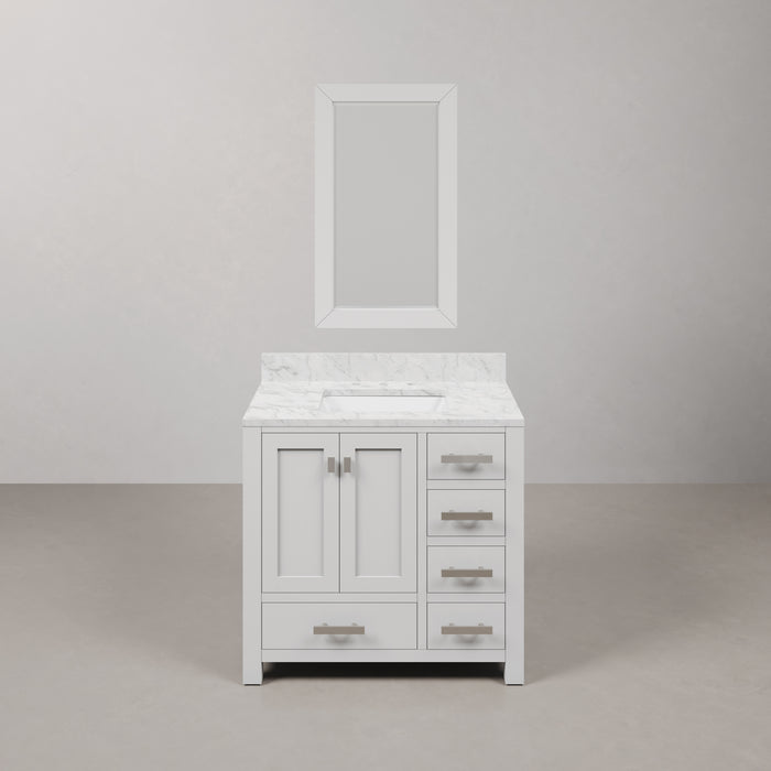 36-Inch Carrara Marble Bathroom Vanity Sol Pure White with Chrome Hardware & Mirror