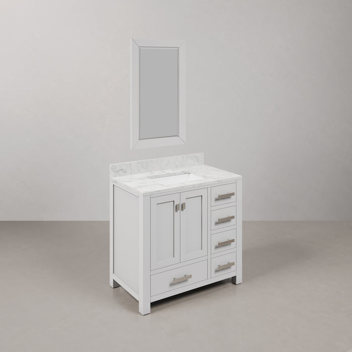 36-Inch Carrara Marble Bathroom Vanity Sol Pure White with Chrome Hardware & Mirror