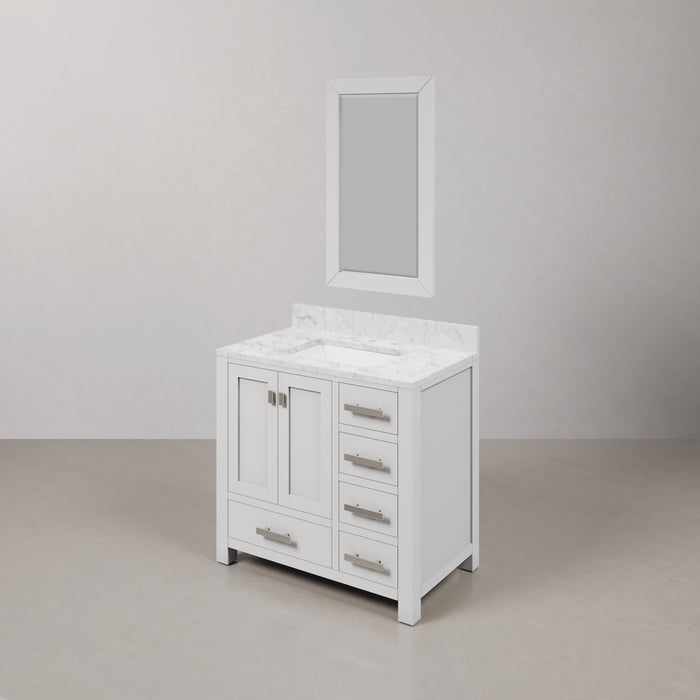 36-Inch Carrara Marble Bathroom Vanity Sol Pure White with Chrome Hardware & Mirror