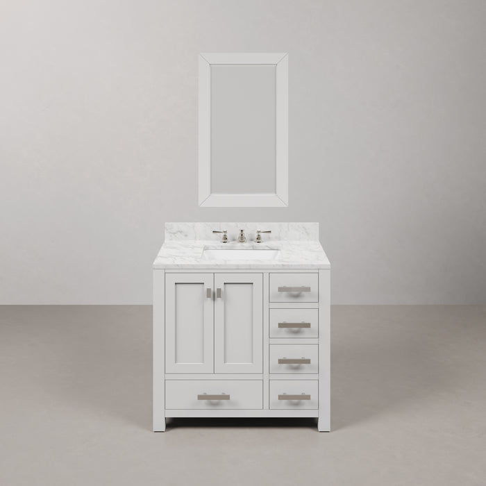 36 Inch Carrara White Marble Vivi Bathroom Vanity in Pure White Single Sink with Chrome Hardware Faucet & Mirror