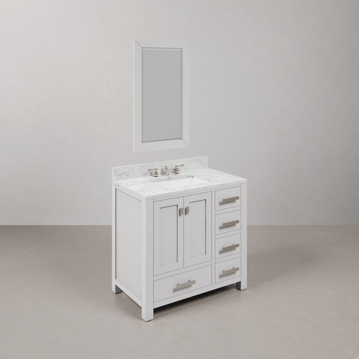 36 Inch Carrara White Marble Vivi Bathroom Vanity in Pure White Single Sink with Chrome Hardware Faucet & Mirror
