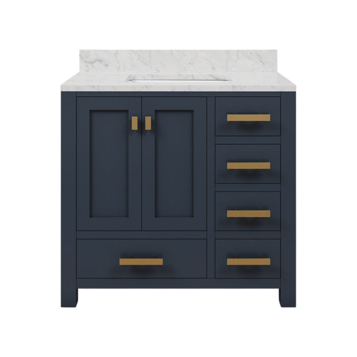 36" Carrara Marble Single Sink Elle Bathroom Vanity in Monarch Blue with Satin Gold Hardware