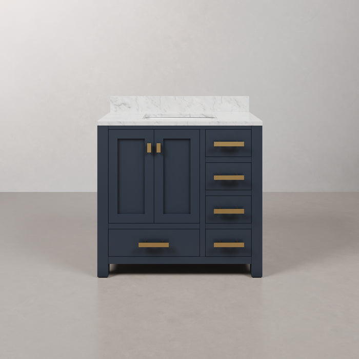 36" Carrara Marble Single Sink Elle Bathroom Vanity in Monarch Blue with Satin Gold Hardware