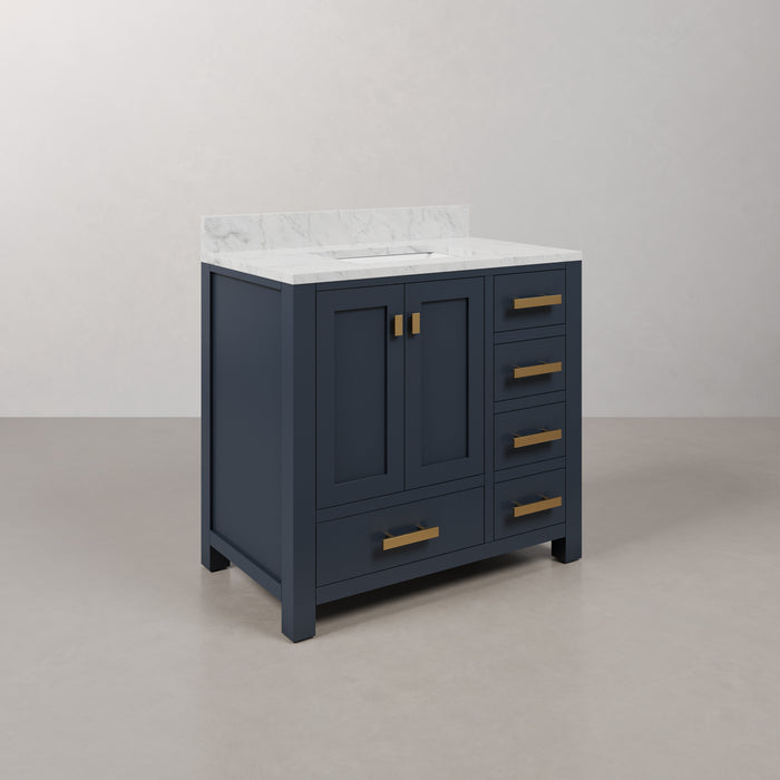 36" Carrara Marble Single Sink Elle Bathroom Vanity in Monarch Blue with Satin Gold Hardware